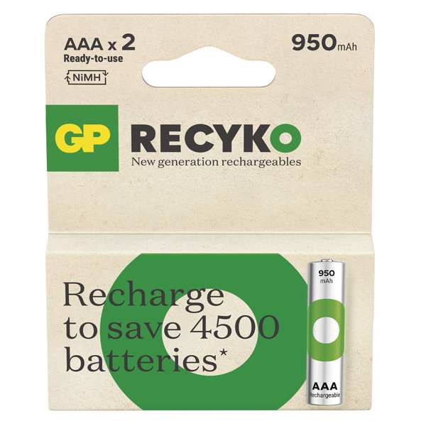 GP BATTERIES Batterie (wiederaufladbar) 10771111 GP ELEM RECYKO HR03 950 2PP, GP ReCyko NiMH-Akku HR03 (AAA) 950 mAh 2 Stück, mit Mikrobatterie-Blister 1.