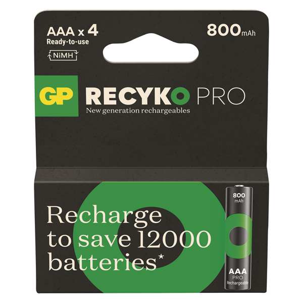 GP BATTERIES Batterie (wiederaufladbar) 11234545 GP -Element Recyko Pro HR03 4PP, GP Recyko Pro Nimh Batterie HR03 (AAA) 800MAH 4PCS, Spannung: 1,2 V, Typ: HR03 (AAA Microkerus), Abmessungen: 10,5 × 44,5 mm 1.