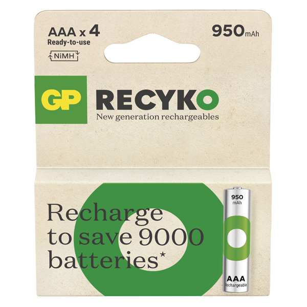 GP BATTERIES Batterie (wiederaufladbar) 11234537 GP ELEM RECYKO HR03 950 4PP, GP ReCyko NiMH-Akku HR03 (AAA) 950 mAh 4 Stück, Spannung: 1,2 V, Typ: HR03 (AAA-Mikrostift), Abmessungen: 10,5 × 44,5 mm 1.