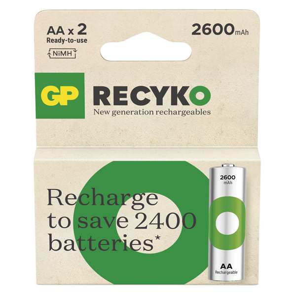 GP BATTERIES Batterie (wiederaufladbar) 124846 GP ELEM RECYKO HR6 2600 2PP, GP ReCyko NiMH-Akku HR6 (AA) 2600 mAh 2 Stück, Bleistift mit Batterieblister 1.