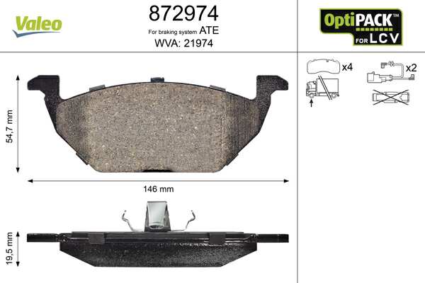 VALEO Brake pad for disc brake (cargo) 10135080 Set
Fitting Position: Front Axle, Brake System: TEVES, Width [mm]: 146, Height [mm]: 54,7, Thickness [mm]: 19,5, WVA Number: 21974, Supplementary Article/Info 2: without bolts/screws, for difficult operating conditions, Wear Warning Contact: incl. wear warning contact, Number of wear indicators [per axle]: 1, Warning Contact Length [mm]: 155 1.