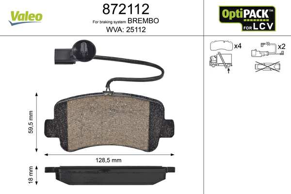 VALEO Brake pad for disc brake (cargo) 10134357 Set
Fitting Position: Rear Axle, Brake System: BREMBO, Width [mm]: 129, Height [mm]: 59,5, Thickness [mm]: 18, WVA Number: 25112, Supplementary Article/Info 2: without bolts/screws, for difficult operating conditions, Wear Warning Contact: incl. wear warning contact, Number of wear indicators [per axle]: 1, Warning Contact Length [mm]: 335 1.