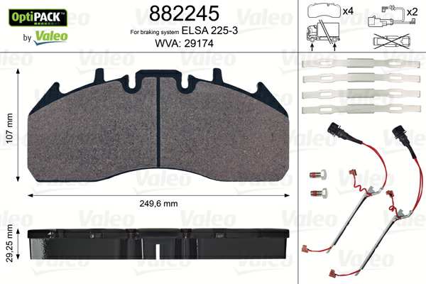 VALEO Bremsbelag für Scheibenbremsen (LKW) 10224945 Bremssystem: MERITOR, Breite 1 [mm]: 249,6, Höhe 1 [mm]: 107, Dicke/Stärke 1 [mm]: 29,25, WVA-Nummer: 29174, 29204, 29228, 29219 / 29273, Verschleißwarnkontakt: inkl. Verschleißwarnkontakt 
Bremssystem: MERITOR, Ergänzungsartikel/Ergänzende Info 2: mit Schrauben, Breite [mm]: 250, Höhe [mm]: 107, Dicke/Stärke [mm]: 29, WVA-Nummer: 29174, 29204, 29219, 29273, Verschleißwarnkontakt: inkl. Verschleißwarnkontakt, Anzahl der Verschleißanzeigen [pro Achse]: 2 1.