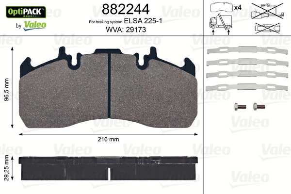 VALEO Bremsbelag für Scheibenbremsen (LKW) 10224944 Breite 1 [mm]: 216, Höhe 1 [mm]: 96,5, Dicke/Stärke 1 [mm]: 29,25, WVA-Nummer: 29173, 29272, Verschleißwarnkontakt: exkl. Verschleißwarnkontakt 
Bremssystem: MERITOR, Ergänzungsartikel/Ergänzende Info 2: mit Schrauben, Breite [mm]: 216, Höhe [mm]: 96,5, Dicke/Stärke [mm]: 29, WVA-Nummer: 29173, 29272, Verschleißwarnkontakt: exkl. Verschleißwarnkontakt 1.