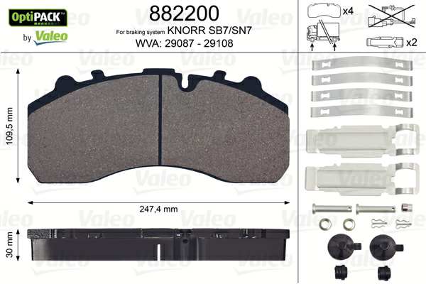 VALEO Bremsbelag für Scheibenbremsen (LKW) 10224900 Bremssystem: KNORR, Breite 1 [mm]: 247,4, Höhe 1 [mm]: 109,5, Dicke/Stärke 1 [mm]: 30, WVA-Nummer: 29087, 29108, 29061, 29059 / 29202, Verschleißwarnkontakt: exkl. Verschleißwarnkontakt 
Einbauposition: Vorderachse, Hinterachse, Bremssystem: KNORR, Ergänzungsartikel/Ergänzende Info 2: ohne Schrauben, Breite [mm]: 247, Höhe [mm]: 109,5, Dicke/Stärke [mm]: 30, WVA-Nummer: 29087, 29108, 29061, 29059 / 29202, Verschleißwarnkontakt: exkl. Verschleißwarnkontakt 1.