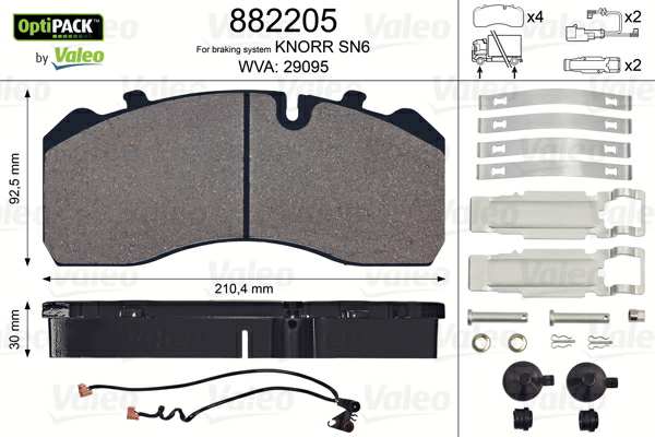 VALEO Bremsbelag für Scheibenbremsen (LKW) 10224905 Verschleißsignalkontakte, Art von Bremssattel: Knorr SB 6
Bremssystem: KNORR, Ergänzungsartikel/Ergänzende Info 2: ohne Schrauben, Breite [mm]: 210, Höhe [mm]: 92,5, Dicke/Stärke [mm]: 30, WVA-Nummer: 29095, Verschleißwarnkontakt: inkl. Verschleißwarnkontakt, Anzahl der Verschleißanzeigen [pro Achse]: 2, Warnkontaktlänge [mm]: 285 1.