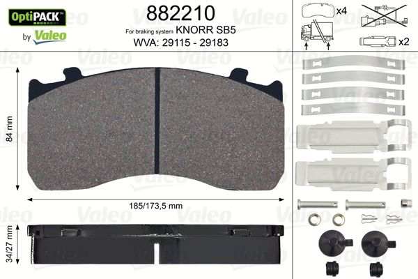 VALEO Bremsbelag für Scheibenbremsen (LKW) 10224910 Bremssystem: KNORR, Breite 1 [mm]: 185, Höhe 1 [mm]: 84, Dicke/Stärke 1 [mm]: 34, WVA-Nummer: 29115, 29183, 29148, Verschleißwarnkontakt: exkl. Verschleißwarnkontakt 
Bremssystem: KNORR, Ergänzungsartikel/Ergänzende Info 2: ohne Schrauben, Breite [mm]: 185, Höhe [mm]: 84, Dicke/Stärke [mm]: 34, WVA-Nummer: 29115, 29183, 29148, Verschleißwarnkontakt: exkl. Verschleißwarnkontakt 1.