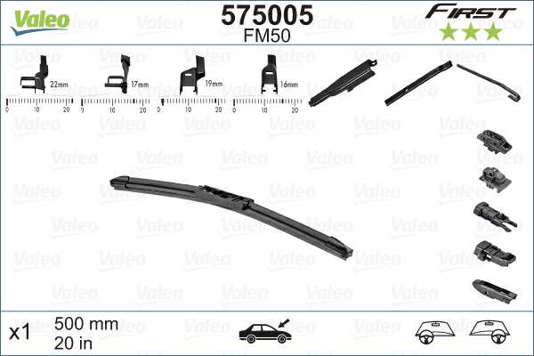 VALEO Wiper blades 10361467 Wiper blade type: Flat wiper blade, Length [mm]: 500, Length [in]: 20 
Wiper blade type: Flat wiper blade, Length [mm]: 500, Length [in]: 20, Matching Adapter: U, Adapter enclosed: M+A+B+C, Blade material: SBR (Styrene butadiene rubber) 1.