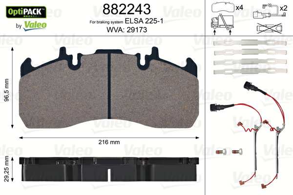 VALEO Brake pad for disc brake (cargo) 10224943 Brake System: MERITOR, Width 1 [mm]: 216, Height 1 [mm]: 96,5, Thickness 1 [mm]: 29,25, WVA Number: 29173, 29272, Wear Warning Contact: incl. wear warning contact 
Brake System: MERITOR, Supplementary Article/Info 2: with bolts/screws, Width [mm]: 216, Height [mm]: 96,5, Thickness [mm]: 29, WVA Number: 29173, 29272, Wear Warning Contact: incl. wear warning contact, Number of wear indicators [per axle]: 2 1.