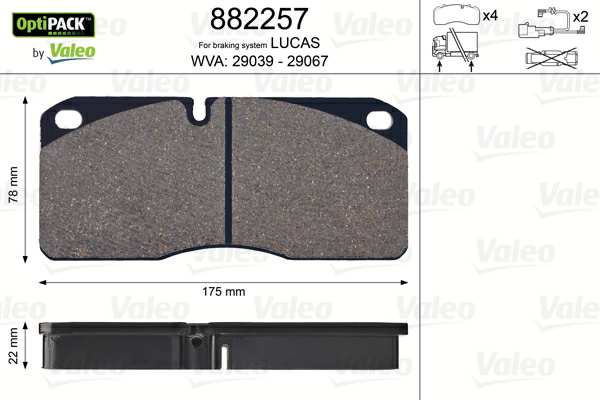 VALEO Bremsbelag für Scheibenbremsen (LKW) 10224954 Alarm ohne Kontakt, Art der Bremssättel: Lucas
Bremssystem: LUCAS, Ergänzungsartikel/Ergänzende Info 2: ohne Schrauben, Breite [mm]: 175, Höhe [mm]: 78, Dicke/Stärke [mm]: 22, WVA-Nummer: 29067, 29039, Verschleißwarnkontakt: exkl. Verschleißwarnkontakt 1.