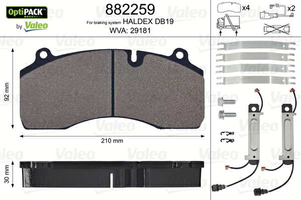 VALEO Bremsbelag für Scheibenbremsen (LKW) 10224956 Bremssystem: HALDEX, Breite 1 [mm]: 210, Höhe 1 [mm]: 92, Dicke/Stärke 1 [mm]: 30, WVA-Nummer: 29181, Verschleißwarnkontakt: inkl. Verschleißwarnkontakt 
Bremssystem: HALDEX, Ergänzungsartikel/Ergänzende Info 2: mit Schrauben, Breite [mm]: 210, Höhe [mm]: 92, Dicke/Stärke [mm]: 30, WVA-Nummer: 29181, Verschleißwarnkontakt: inkl. Verschleißwarnkontakt, Anzahl der Verschleißanzeigen [pro Achse]: 2, Warnkontaktlänge [mm]: 365 1.