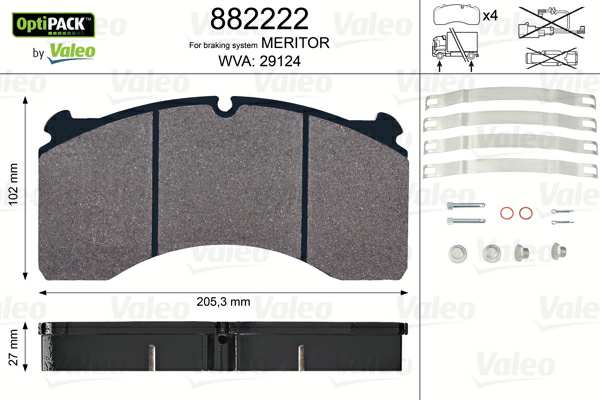 VALEO Bremsbelag für Scheibenbremsen (LKW) 10224922 Bremssystem: MERITOR, Breite 1 [mm]: 205,3, Höhe 1 [mm]: 102, Dicke/Stärke 1 [mm]: 27, WVA-Nummer: 29124, Verschleißwarnkontakt: exkl. Verschleißwarnkontakt 
Bremssystem: MERITOR, Ergänzungsartikel/Ergänzende Info 2: ohne Schrauben, Breite [mm]: 205, Höhe [mm]: 102, Dicke/Stärke [mm]: 27, WVA-Nummer: 29124, Verschleißwarnkontakt: exkl. Verschleißwarnkontakt 1.