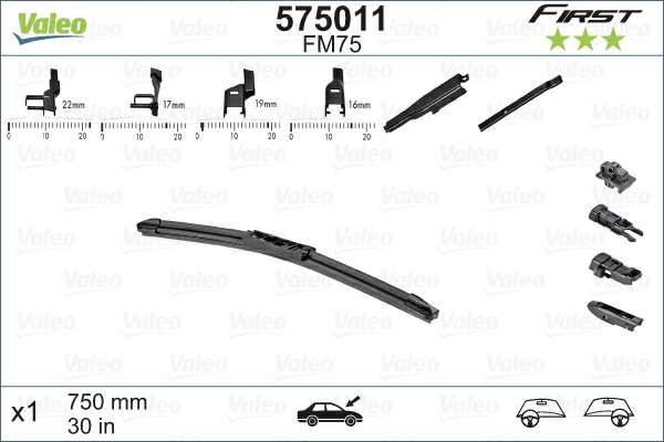 VALEO Wiper blades 10361473 Wiper blade type: Flat wiper blade, Length [mm]: 750, Length [in]: 30 
Wiper blade type: Flat wiper blade, Length [mm]: 750, Length [in]: 30, Matching Adapter: M, Adapter enclosed: A+B+C, Blade material: SBR (Styrene butadiene rubber) 1.