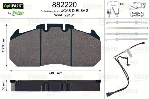 VALEO Brake pad for disc brake (cargo) 10224920 Wearing alarm contacts, Type of calipers: Lucas D-Eelsa 2
Brake System: LUCAS, Supplementary Article/Info 2: without bolts/screws, Width [mm]: 249, Height [mm]: 117,9, Thickness [mm]: 30, WVA Number: 29131, Wear Warning Contact: incl. wear warning contact, Number of wear indicators [per axle]: 2 1.