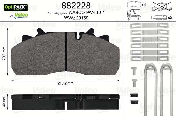 VALEO Brake pad for disc brake (cargo) 10224928 Brake System: WABCO, Width 1 [mm]: 210,2, Height 1 [mm]: 79,6, Thickness 1 [mm]: 30, WVA Number: 29159, 29126, 29313, Wear Warning Contact: excl. wear warning contact 
Brake System: WABCO, Supplementary Article/Info 2: with bolts/screws, Width [mm]: 210, Height [mm]: 79,6, Thickness [mm]: 30, WVA Number: 29159, 29126, 29313, Wear Warning Contact: excl. wear warning contact 1.