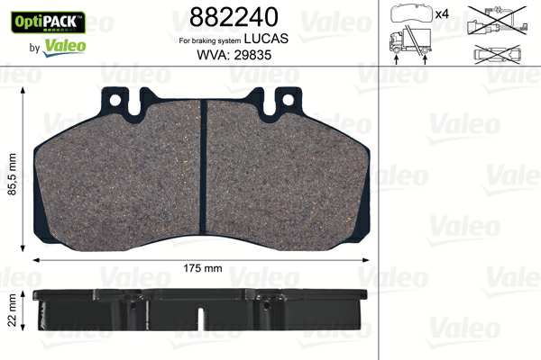 VALEO Bremsbelag für Scheibenbremsen (LKW) 10224940 Alarm ohne Kontakt, Art der Bremssättel: Lucas
Einbauposition: Vorderachse, Hinterachse, Bremssystem: LUCAS, Ergänzungsartikel/Ergänzende Info 2: ohne Schrauben, Breite [mm]: 175, Höhe [mm]: 85,5, Dicke/Stärke [mm]: 22, WVA-Nummer: 29835, Verschleißwarnkontakt: exkl. Verschleißwarnkontakt 1.