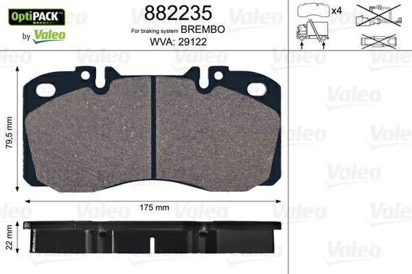 VALEO Bremsbelag für Scheibenbremsen (LKW) 10224935 Breite 1 [mm]: 175, Höhe 1 [mm]: 79,5, Dicke/Stärke 1 [mm]: 22, WVA-Nummer: 29122, Verschleißwarnkontakt: exkl. Verschleißwarnkontakt 
Einbauposition: Vorderachse, Hinterachse, Bremssystem: BREMBO, Ergänzungsartikel/Ergänzende Info 2: ohne Schrauben, Breite [mm]: 175, Höhe [mm]: 79,5, Dicke/Stärke [mm]: 22, WVA-Nummer: 29122, Verschleißwarnkontakt: exkl. Verschleißwarnkontakt 1.