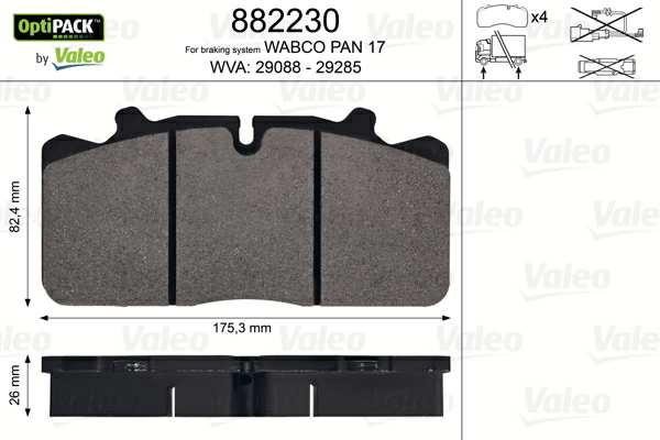 VALEO Bremsbelag für Scheibenbremsen (LKW) 10224930 Bremssystem: WABCO, Breite 1 [mm]: 175,3, Höhe 1 [mm]: 82,4, Dicke/Stärke 1 [mm]: 26, WVA-Nummer: 29088, 29285, Verschleißwarnkontakt: exkl. Verschleißwarnkontakt 
Bremssystem: WABCO, Ergänzungsartikel/Ergänzende Info 2: ohne Schrauben, Breite [mm]: 175, Höhe [mm]: 82,4, Dicke/Stärke [mm]: 26, WVA-Nummer: 29088, 29285, Verschleißwarnkontakt: exkl. Verschleißwarnkontakt, Anzahl der Verschleißanzeigen [pro Achse]: 2 1.