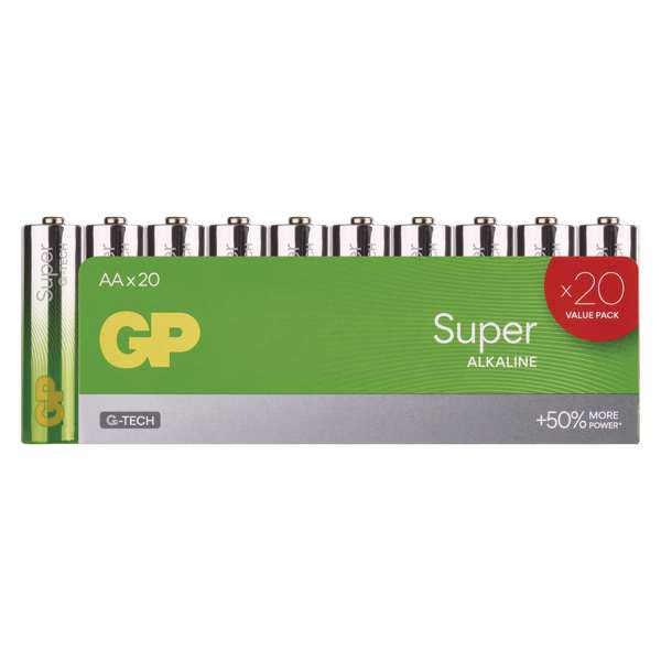 GP BATTERIES Batterie 11411216 GP SUPER ALKALINE BATTERY LR6 (AA) 20DB/FOIL, chemische Zusammensetzung: alkalisch, Kategorie/Serie: Super Alkaline, Typ: LR6 (AA Pencil), Batteriegröße: AA, Spannung: 1,5 V, wiederaufladbar: nein, Abmessungen: 14,5 × 50,5 mm 1.