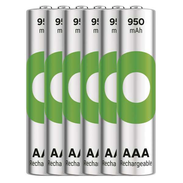 GP BATTERIES Batterie (wiederaufladbar) 11411224 GP ReCyko NiMH-Akku HR03 (AAA) 950 mAh 6 Stück, chemische Zusammensetzung: NiMH, Kategorie/Serie: ReCyko, Typ: HR03 (AAA Micropencil), Akkugröße: AAA, Spannung: 1,2 V, wiederaufladbar, Kapazität: 950 mAh, Ladeanzahl von Zyklen: mehr als 500, Abmessungen: 10,5 × 44,5 mm 1.