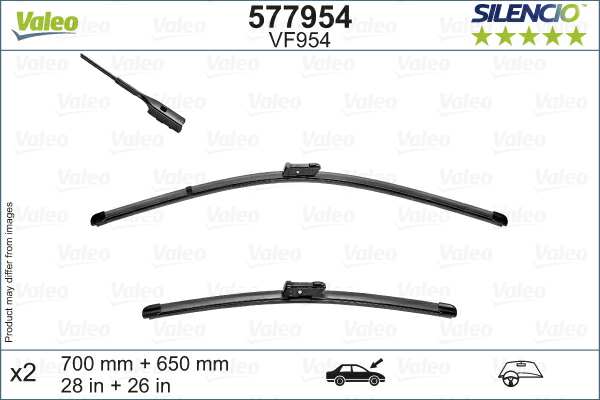 VALEO Scheibenwischer 10718497 2 Stk./Packung
Links-/Rechtslenker: für Linkslenker, Einbauseite: vorne, Wischblattausführung: Flachbalkenwischblatt, Länge 1 [mm]: 700, Länge 2 [mm]: 650, Länge 1 [Zoll]: 28, Länge 2 [Zoll]: 26, Styling: mit Spoiler 1.