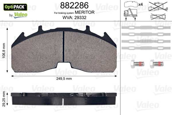 VALEO Bremsbelag für Scheibenbremsen (LKW) 10718719 Set
Bremssystem: MERITOR, Ergänzungsartikel/Ergänzende Info 2: mit Schrauben, Breite [mm]: 250, Höhe [mm]: 106,8, Dicke/Stärke [mm]: 29, WVA-Nummer: 29332, Verschleißwarnkontakt: exkl. Verschleißwarnkontakt