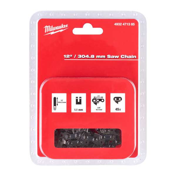 MILWAUKEE Kettensägenkette 11413519 Sägekette 3/8 Zoll x 304,8 mm x 1,1 mm. Kettenlänge 304,8 mm, Rillenbreite 1,1 mm, Kettenteilung 3/8, Stichzahl 45, 1 Stk