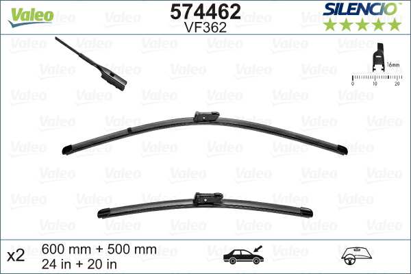 VALEO Scheibenwischer 604473 Links-/Rechtslenker: für Linkslenker, Einbauseite: vorne, Wischblattausführung: Flachbalkenwischblatt, Länge 1 [mm]: 600, Länge 2 [mm]: 500, Länge1/Länge2 [Zoll]: 24/20, Styling: mit Spoiler 
Links-/Rechtslenker: für Linkslenker, Einbauseite: vorne, Wischblattausführung: Flachbalkenwischblatt, Länge 1 [mm]: 600, Länge 2 [mm]: 500, Länge 1 [Zoll]: 24, Länge 2 [Zoll]: 20, Styling: mit Spoiler 1.