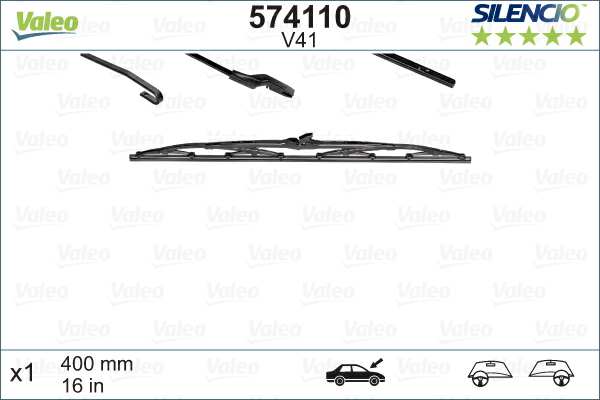 VALEO Wiper blades 604509 Wiper blade type: Bracket wiper blade, Length [mm]: 400, Length [in]: 16 
Wiper blade type: Bracket wiper blade, Length [mm]: 400, Length [in]: 16, Matching Adapter: U, Adapter enclosed: R 1.