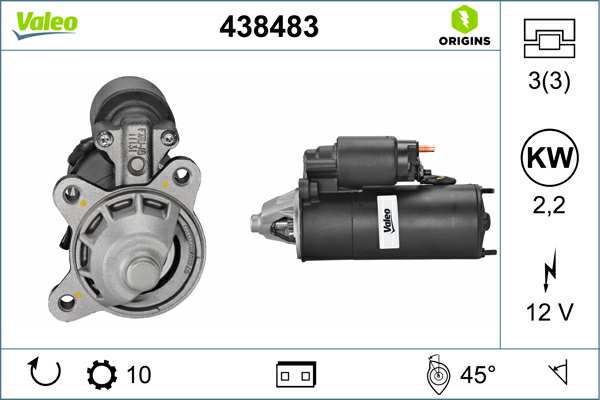 VALEO Starter 635084 new
New part without deposit: , Voltage [V]: 12, Rated Power [kW]: 2,2, Number of Teeth: 10, Number of Holes: 3, Number of thread bores: 3, Rotation Direction: Clockwise rotation, Position / Degree: L  45 1.