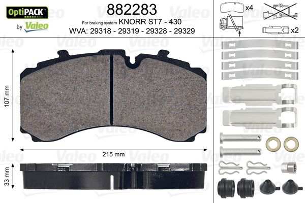 VALEO Bremsbelag für Scheibenbremsen (LKW) 635974 Set
Einbauposition: Hinterachse, Bremssystem: KNORR, Ergänzungsartikel/Ergänzende Info 2: ohne Schrauben, Breite [mm]: 215, Höhe [mm]: 107, Dicke/Stärke [mm]: 33, WVA-Nummer: 29318, 29319, 29328, 29329, Verschleißwarnkontakt: exkl. Verschleißwarnkontakt