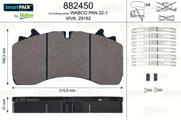 VALEO Bremsbelag für Scheibenbremsen (LKW) 635985 Set
Einbauposition: Vorderachse, Bremssystem: WABCO, Ergänzungsartikel/Ergänzende Info 2: mit Schrauben, Breite [mm]: 211, Höhe [mm]: 104,3, Dicke/Stärke [mm]: 31, WVA-Nummer: 29162, Verschleißwarnkontakt: exkl. Verschleißwarnkontakt