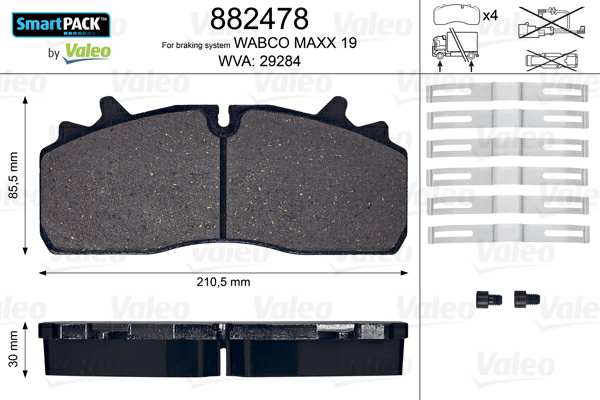 VALEO Brake pad for disc brake (cargo) 635986 Set
Brake System: WABCO, Supplementary Article/Info 2: without bolts/screws, Width [mm]: 211, Height [mm]: 85,5, Thickness [mm]: 30, WVA Number: 29284, Wear Warning Contact: excl. wear warning contact