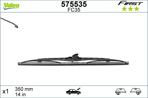 VALEO Wiper blades 721829 Length [mm]: 350, Length [in]: 14, Supplementary Article/Info 2: without integrated washer-fluid jet 
Wiper blade type: Bracket wiper blade, Length [mm]: 350, Length [in]: 14, Matching Adapter: U, Adapter enclosed: R 1.