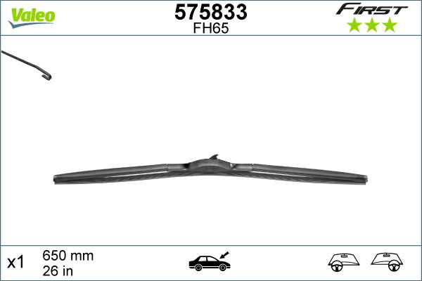 VALEO Wiper blades 721980 Left-/right-hand drive vehicles: for left-hand drive vehicles, Wiper blade type: Hybrid Wiper Blade, Length [mm]: 650, Length [in]: 26, Styling: with spoiler 1.