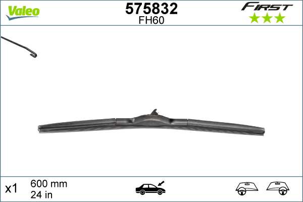 VALEO Wiper blades 721979 Left-/right-hand drive vehicles: for left-hand drive vehicles, Wiper blade type: Hybrid Wiper Blade, Length [mm]: 600, Length [in]: 24, Styling: with spoiler 1.