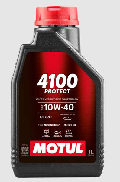 MOTUL Motor oil 11425148 4100 PROTECT 10W-40 1L
SAE viscosity class: 10W-40, Capacity [litre]: 1, Packing Type: Bottle, API specification: SL, CF
Cannot be taken back for quality assurance reasons!