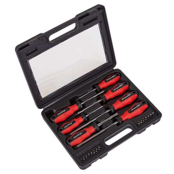 SEALEY Screwdriver Set 11428836 21-piece set including bit heads. Screwdrivers: Flat: 6 x 150, 8 x 150mm, Philips: #1 x 75, #2 x 100mm, Pozidriv: #1 x 75, #2 x 100mm. Bit heads: Flat: 4, 5 mm, Philips: #3, Pozidriv: #3, Torx: T15, T20, T25, Allen: 2, 2.5, 3, 4, 5, 5.5, 6 mm