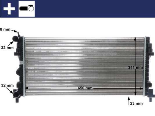 BEHR HELLA SERVICE Radiator 11435192 Radiator type: Mechanically jointed cooling fins, Core Length [mm]: 649, Core Width [mm]: 322, Core Depth [mm]: 34, Water Tank Material (radiator): Plastic, Supplementary Article/Info 2: with screw, Vehicle Equipment: for vehicles with air conditioning, Transmission Type: Manual Transmission 1.