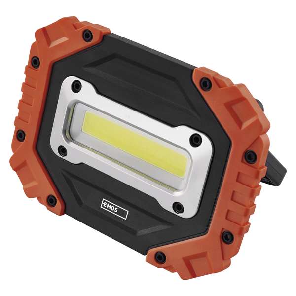 EMOS Montagelampe 11446440 COB LED, 700 lm, Leuchtweite: 35 m, Leuchtmodus: 3, stoßfest, wasserdicht (IP43), wiederaufladbar: nein, spannungversorgung: 4× AA, batterietyp: LR6 (1,5 V) nicht enthalten, sonderfunktionen: schnell ein/aus, eigenschaften: drehbarer griff, material: kunststoff, farbe: schwarz-orange, abmessungen: 145 ×105 × 35 mm 1.