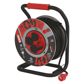 EMOS Cable reel 11446398 Cable drum with movable center, 40 m, wire cross-section: 2.5 mm2, 230 V, 16 A, IP44, number of sockets: 4, insulation type: rubber/neoprene, thermal release fuse, wire: H07RN-F, color: black, max. load wound up: 5.2 A max./1,200 W, max. load broken down: 16 A max./3,680 W, child lock: no, other functions: guide loop, drum locking brake 1.