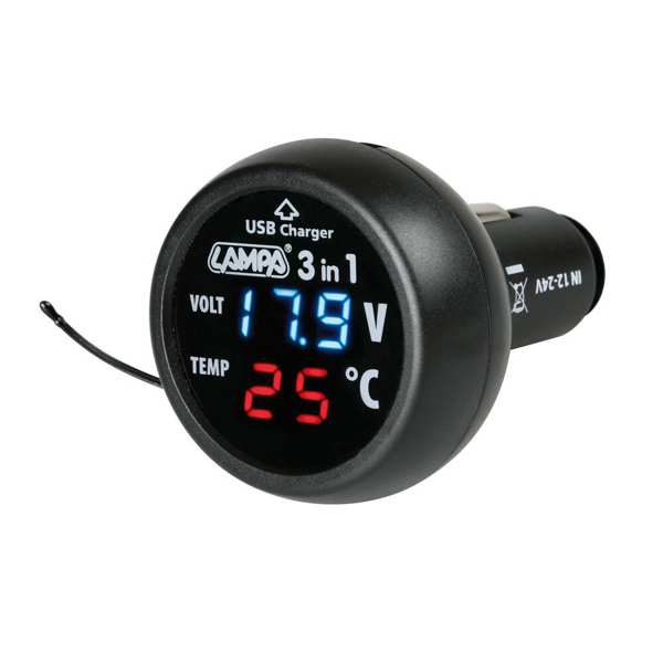 LAMPA Batterie-Tester 580308 Inneres Thermometer, -9 ° C/+80 ° C, 12/24 -V -Batterie- und Generator -Tester, die den Batteriestatus und den richtigen Betrieb des Generators zum Aufladen von 5 V, 2100 mA, USB -Anschluss zeigen 1.