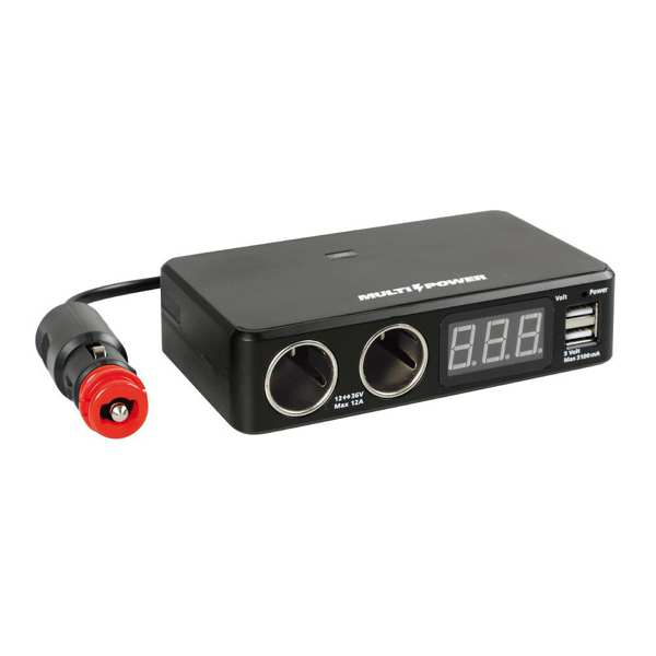 LAMPA Zigarettenanzünder-Verteiler 578781 12/36V 2 Sockets + 2 USB (max. 3100 m) und Voltmeter. Digital Voltmeter, um den Batteriestatus- und Generatorfunktionen sofort zu überprüfen. Universeller Stecker mit Sicherungsschutz und 80 cm Netzkabel 1.