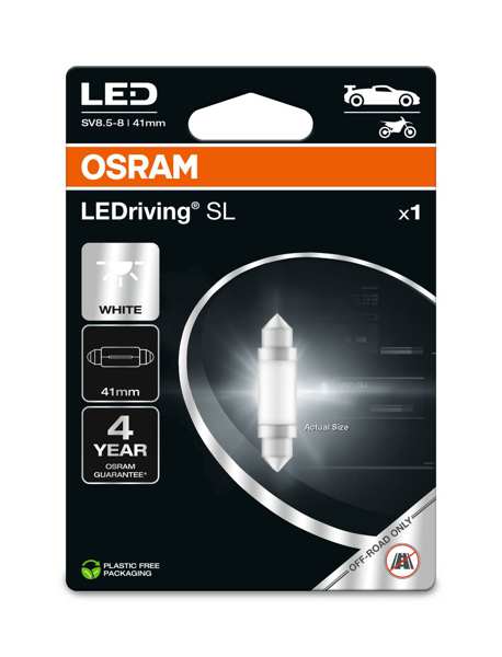 OSRAM LED-Glühbirne 11392914 OFF-ROAD-Lampe, im Straßenverkehr nicht zulässig! LEDriving® SL, C5W (41 mm), 12V, 0,6W, 1 Stück/Blister
Lampenart: LED, Spannung [V]: 12, Nennleistung [W]: 0,6, Sockelausführung Glühlampe: SV8.5-8, Länge [mm]: 41, Farbe: weiß, Gebindeart: Blisterpack
Kann aus Gründen der Qualitätssicherung nicht zurückgenommen werden! 1.