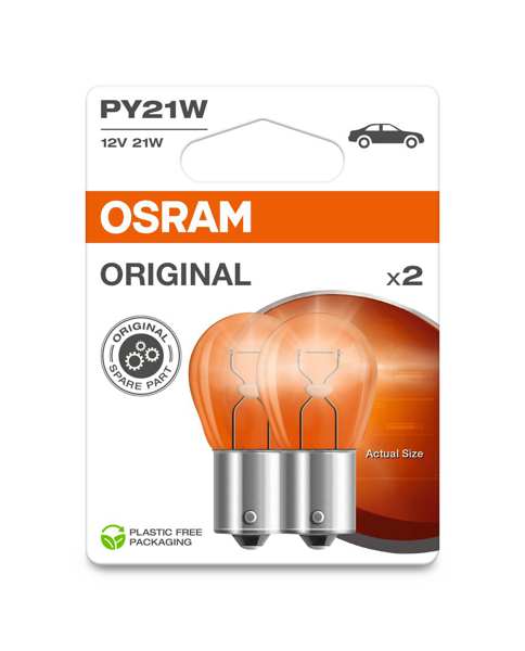 OSRAM Glühlampe 21873/3 Lampenart: PY21W, Spannung [V]: 12, Nennleistung [W]: 21, Sockelausführung: BAU15s 
Lampenart: PY21W, Spannung [V]: 12, Nennleistung [W]: 21, Sockelausführung Glühlampe: BAU15s, Gebindeart: Blisterpack
Kann aus Gründen der Qualitätssicherung nicht zurückgenommen werden! 1.