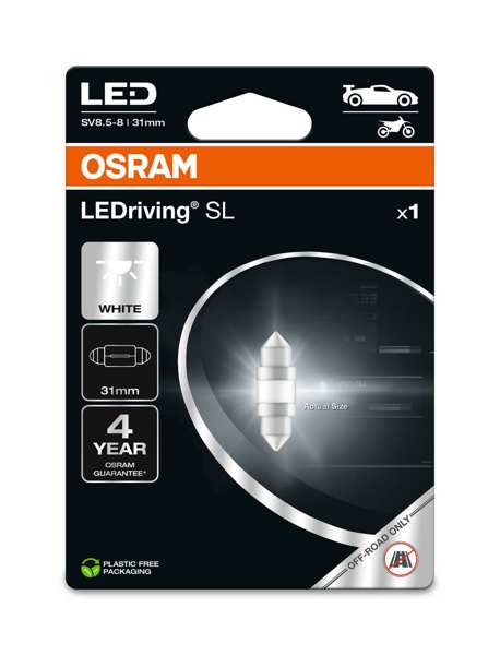 OSRAM LED-Glühbirne 11392943 OFF-ROAD Lampe, im Straßenverkehr nicht zulässig! LEDriving® SL, C5W (31 mm), 12V, 1W, 1 Stk./Blister
Lampenart: LED, Spannung [V]: 12, Nennleistung [W]: 0,6, Sockelausführung Glühlampe: SV8.5-8, Länge [mm]: 31, Farbe: weiß
Kann aus Gründen der Qualitätssicherung nicht zurückgenommen werden! 1.