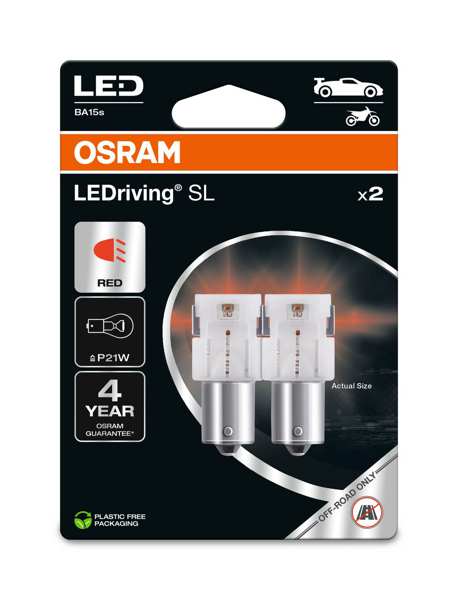 OSRAM LED-Glühbirne 11392949 OFF-ROAD Lampe, im Straßenverkehr nicht zulässig! LEDriving® SL, P21W, 12V, 1,9W, 2 Stk./Blister
Lampenart: LED, Spannung [V]: 12, Nennleistung [W]: 1,9, Sockelausführung Glühlampe: BA15s, LED-Lichtfarbe: rot, Gebindeart: Blisterpack
Kann aus Gründen der Qualitätssicherung nicht zurückgenommen werden! 1.