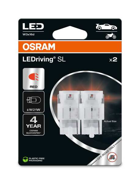 OSRAM LED-Glühbirne 11392946 OFF-ROAD Lampe, Nicht für den Straßenverkehr zugelassen! LEDriving® SL, W21W, 12V, 1,4W, 2 Stück/Blister, Lampentyp: LED, Spannung [V]: 12, Nennleistung [W]: 2,0, Sockelbauform: W3x16d, LED-Farbe: rot
Lampenart: LED, Spannung [V]: 12, Nennleistung [W]: 1,4, Sockelausführung Glühlampe: W3x16d, LED-Lichtfarbe: rot
Kann aus Gründen der Qualitätssicherung nicht zurückgenommen werden! 1.