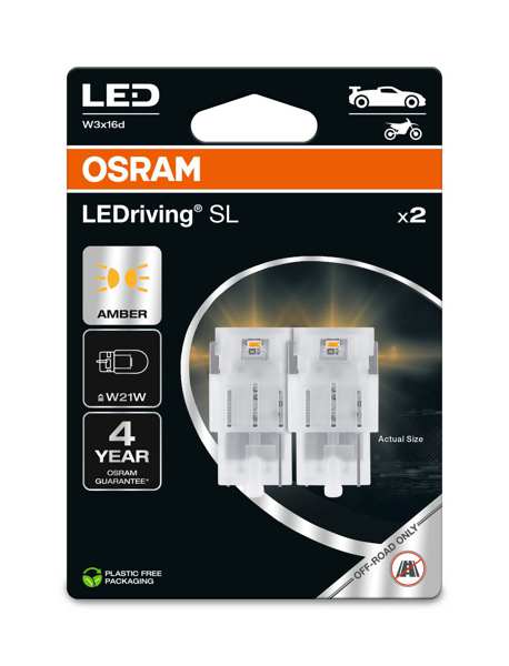 OSRAM LED-Glühbirne 11392948 OFF-ROAD Lampe, im Straßenverkehr nicht zulässig! LEDriving® SL, W21W, 12V, 1,3W, 2 Stk./Blister
Lampenart: LED, Spannung [V]: 12, Nennleistung [W]: 2,0, Sockelausführung Glühlampe: W3x16d, LED-Lichtfarbe: amber, Gebindeart: Blisterpack
Kann aus Gründen der Qualitätssicherung nicht zurückgenommen werden! 1.