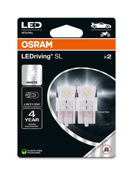 OSRAM LED Bulb 11392954 Off-road bulb, road traffic! LEDRIVING® SL, W21/5W, 12V, 1.9W, 2 pcs/blister
Lamp Type: LED, Voltage [V]: 12, Rated Power [W]: 1,9, Socket Type bulb: W3x16q, LED Colour: white, Packing Type: Blister Pack
Cannot be taken back for quality assurance reasons! 1.